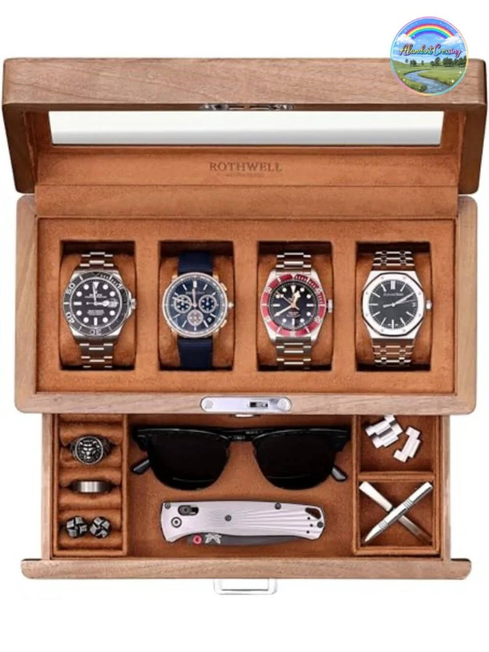 Solid Walnut 4-Slot Watch Box with Valet Drawer, Locking Glass Top, Microsuede